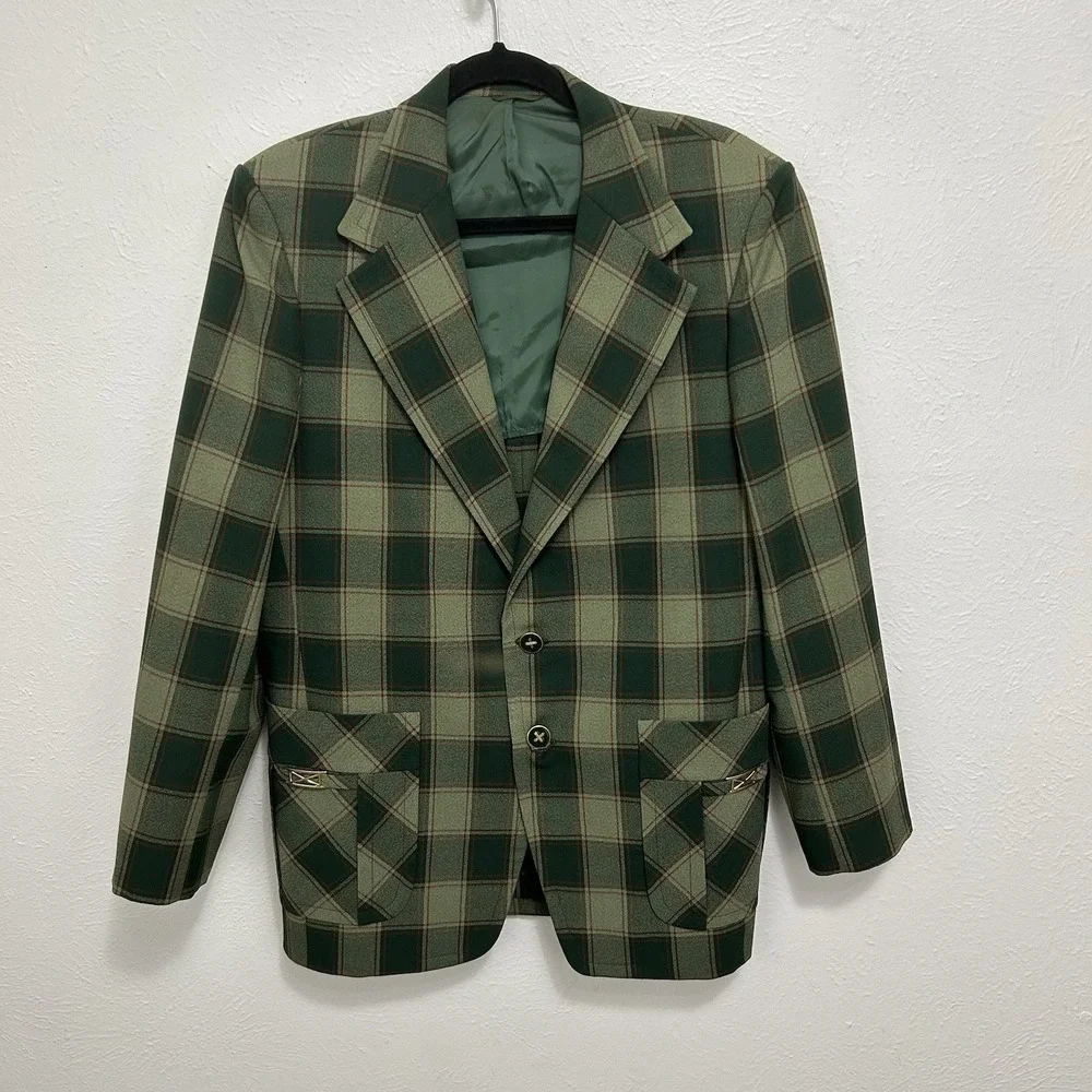 VTG John Keith Blazer Jacket Sport Coat Green Plaid Retro 70s Old Money Sz 42 R